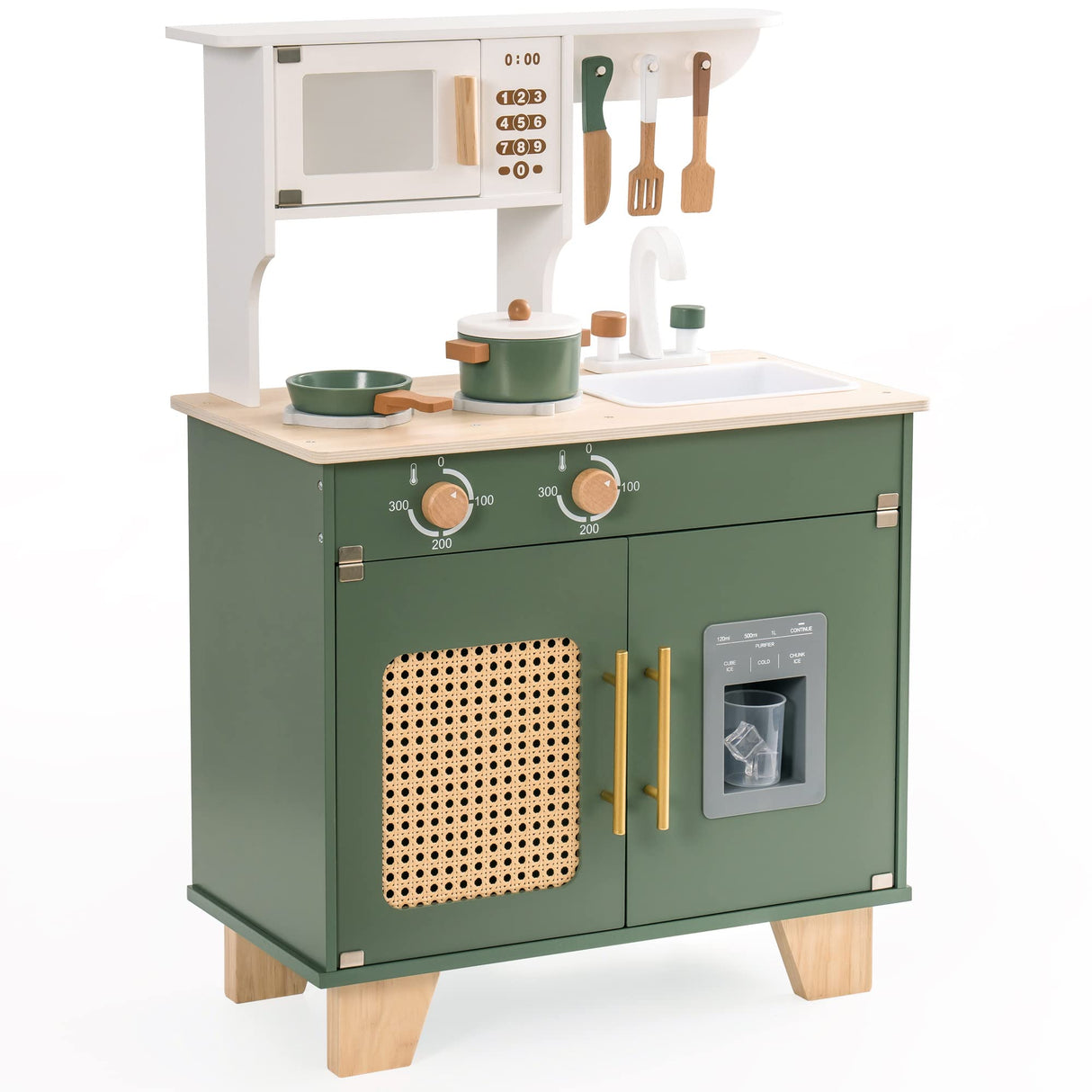 ROBUD Kids Kitchen Playset, Vintage Wooden Play Kitchen with Ice Dispenser, Pretend Toddlers Kitchen Toy with Accessories, Baby Gift for Ages 3 4 5 6 7 8 ROBUD