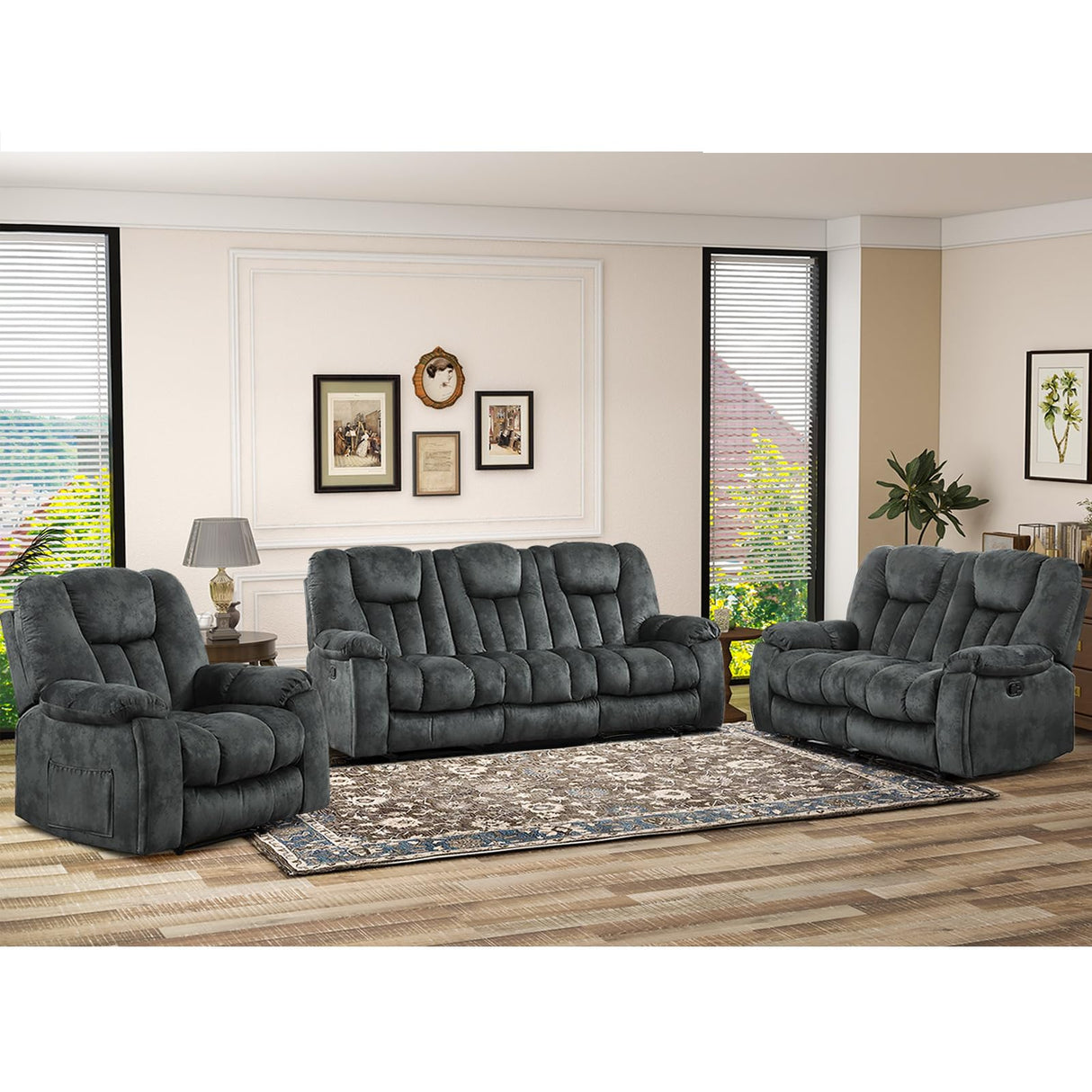 EBELLO 3 Pieces Recliner Sofa Furniture Set, Manual Recliner with Massage and Heat, Loveseat and Bonded 3 Seat Reclining Couch Set for Living Room, Green Grey EBELLO