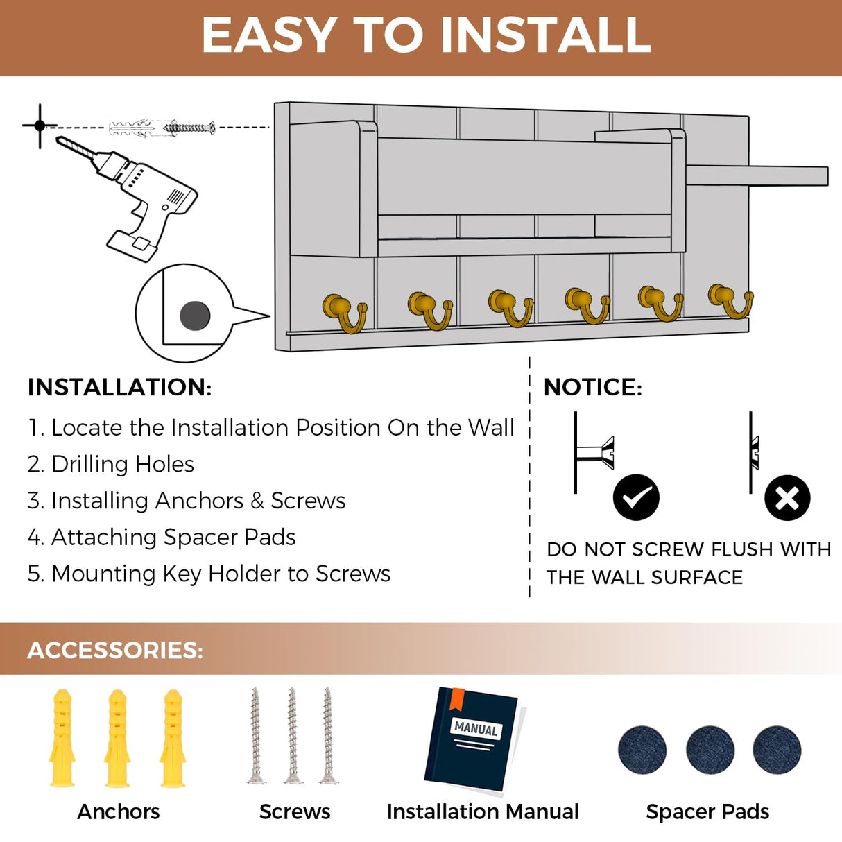 RelaxScene Key Holder Wall Mount - Decorative Key Rack and Mail Organizer with 6 Key Hooks - Wooden Key Hanger with Shelf for Living Room Decor - Rustic Farmhouse Home Entryway Aesthetic Essentials RelaxScene
