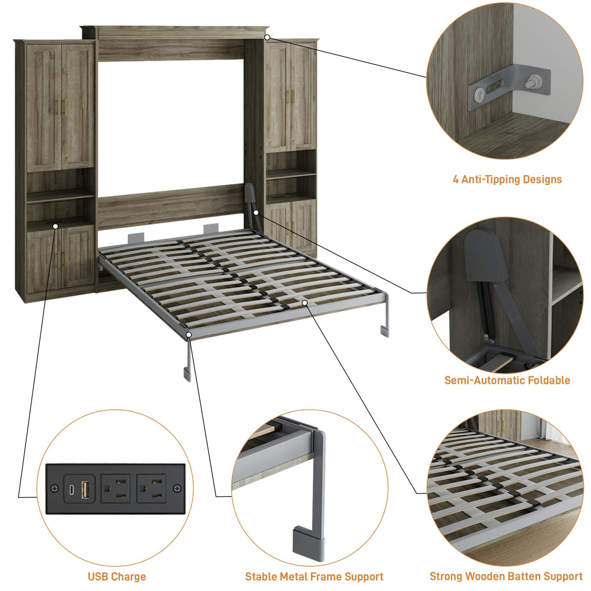 Rophefx Murphy Bed Queen with 2 Side Cabinet Storage Shelves, Queen Wall Bed Cabinet with USB Port, Wood Foldable Platform Bed Frame, Space Saving Beds, Modern Hidden Bed for Guest Room, Home, Grey Rophefx