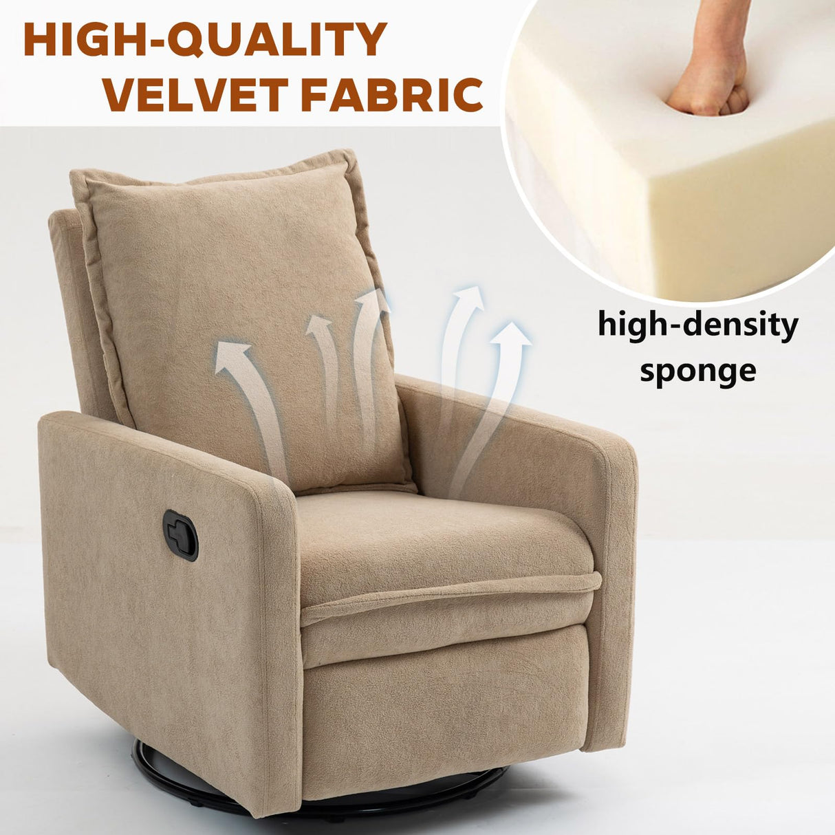 Rocker Recliner Chair for Adults, Swivel Rocker Recliner Chairs with Armrests, Glider Recliner Nursery Chair with Black Metal Base, Small Recliners for Small Spaces, Living Room (Camel) Anwick