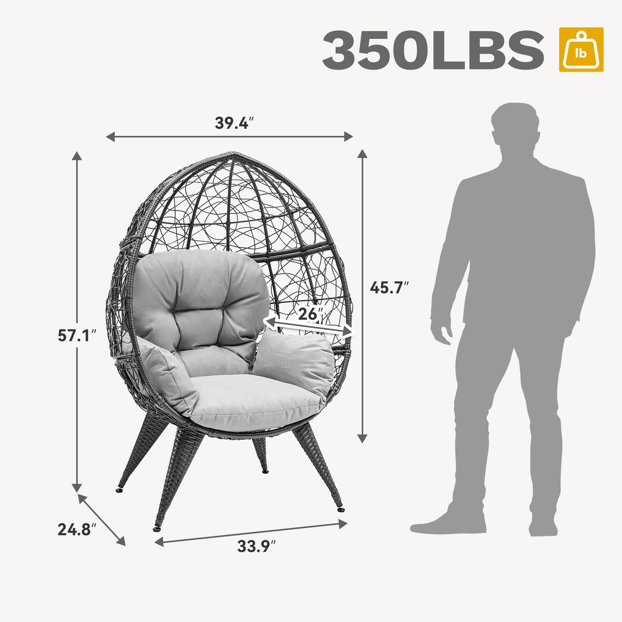 DWVO Oversized Egg Chair with Stand Rattan Outdoor Chairs, Large Lounger Chair with Cushion, Adjustable Leveling Feet, Egg Chair Indoor for Bedroom, Living Room, Outdoor Backyard, Patio, Garden, Grey DWVO