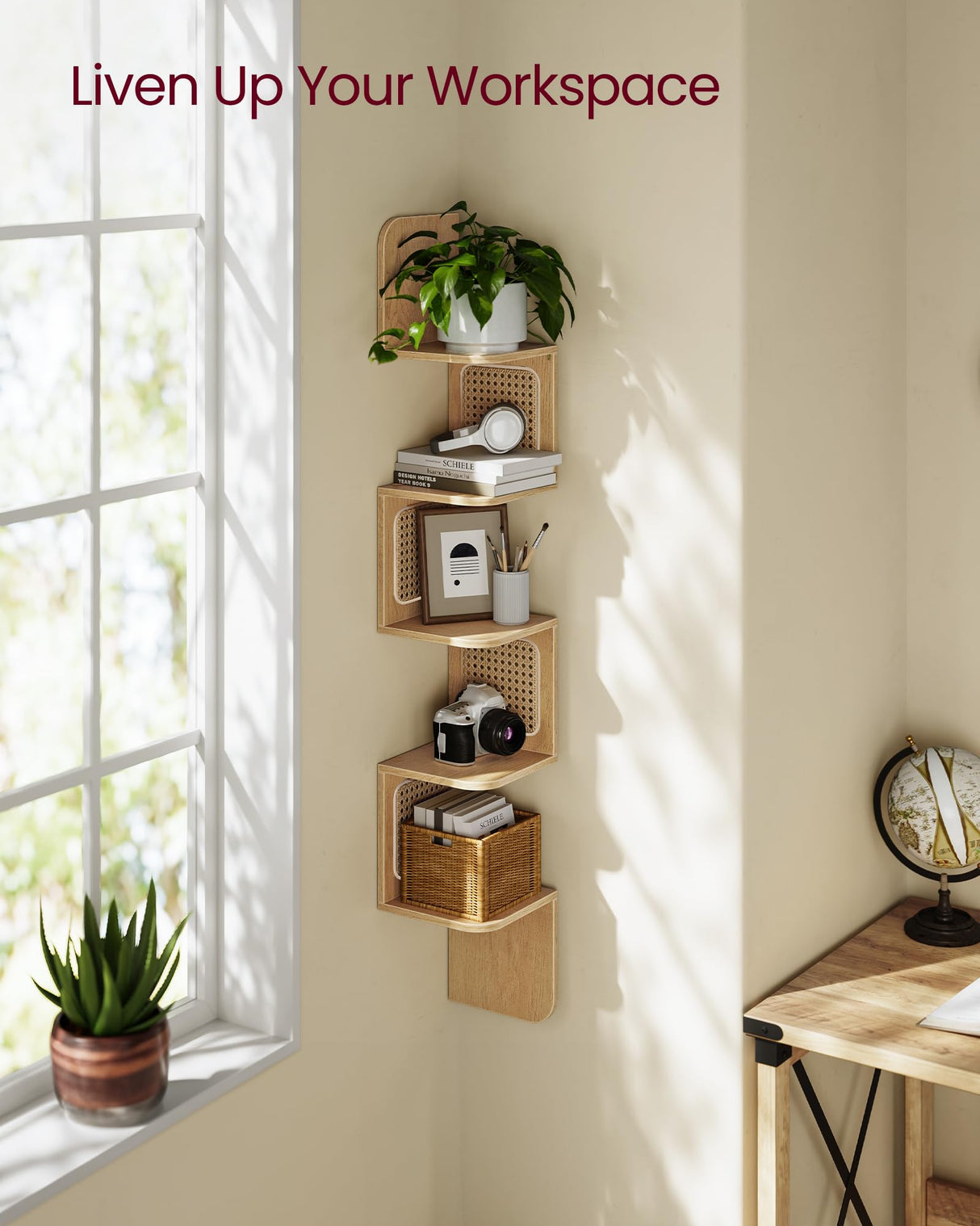 VASAGLE 5-Tier Corner Shelf, Wall Mounted Floating Shelf, Zigzag Corner Shelf Unit, PVC Rattan Sides, Space-Saving, for Kitchen, Living Room, Bedroom, Boho Style, Oak Beige ULLS582Y57 VASAGLE