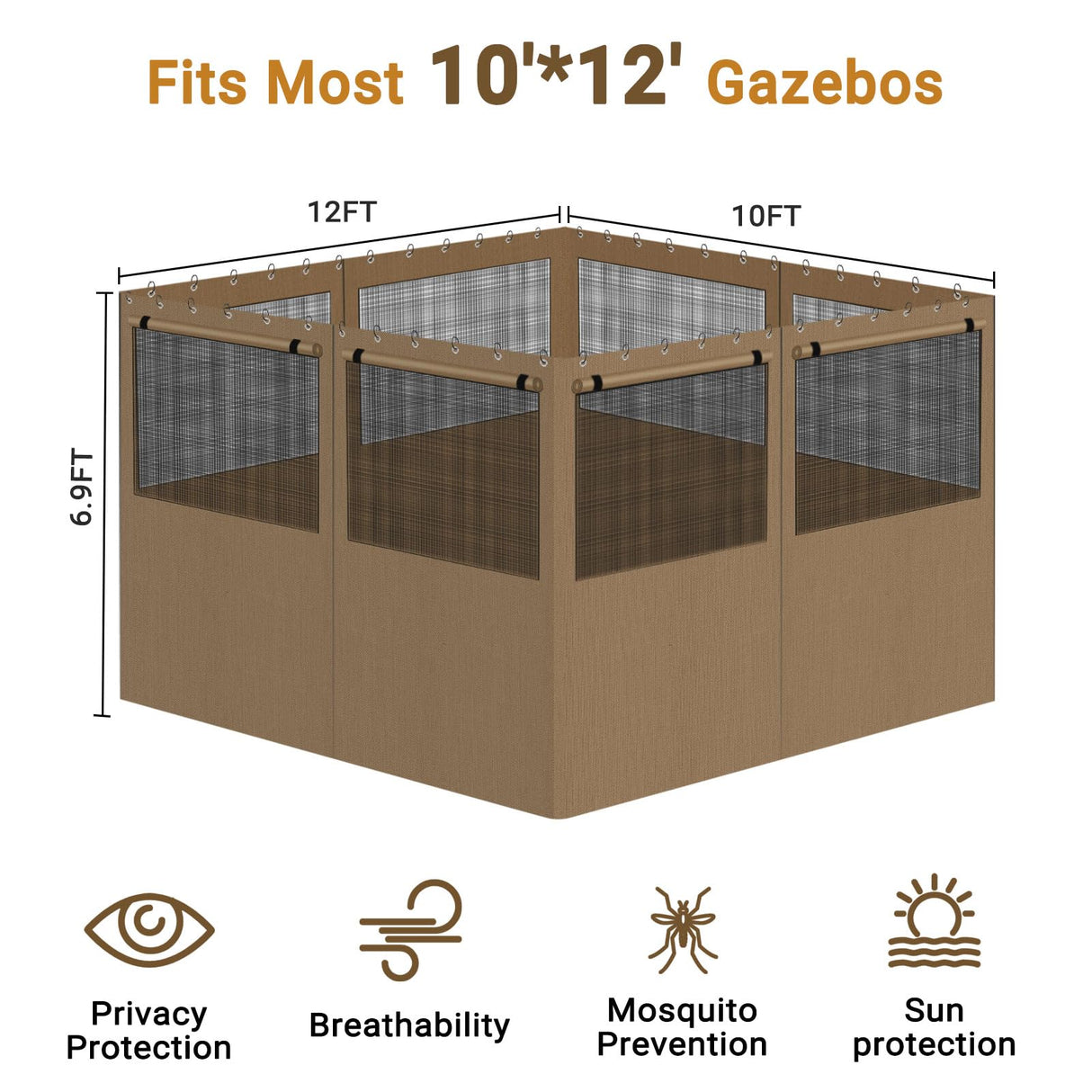 Gazebo Privacy Curtain 10'x12', Replacement Curtains with Mosquito Net Windows, 4-Panels Side Wall, Zippers, Waterproof Outdoor Curtains for Patio, Canopy, Garden and Backyard, Khaki (Curtain Only) Bstge