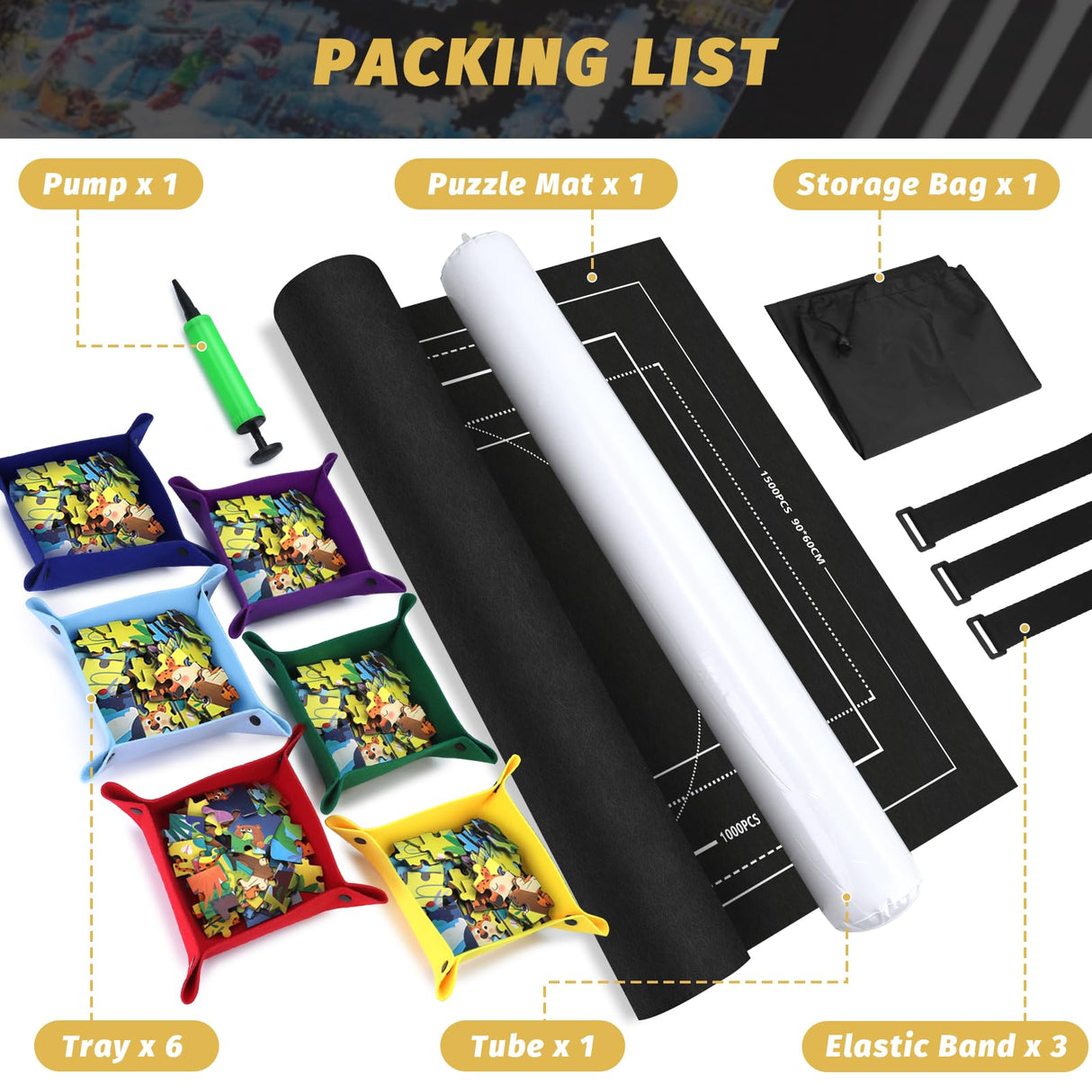 EWOID Jigsaw Puzzle Mat Roll Up Fits 1500 1000 500 Pieces Puzzles, Jigsaw Felt Mat with 6 Sorting Trays & Storage Bag & Pump, Portable Non Slip Jigsaw Puzzle Saver for Adult Kid EWOID