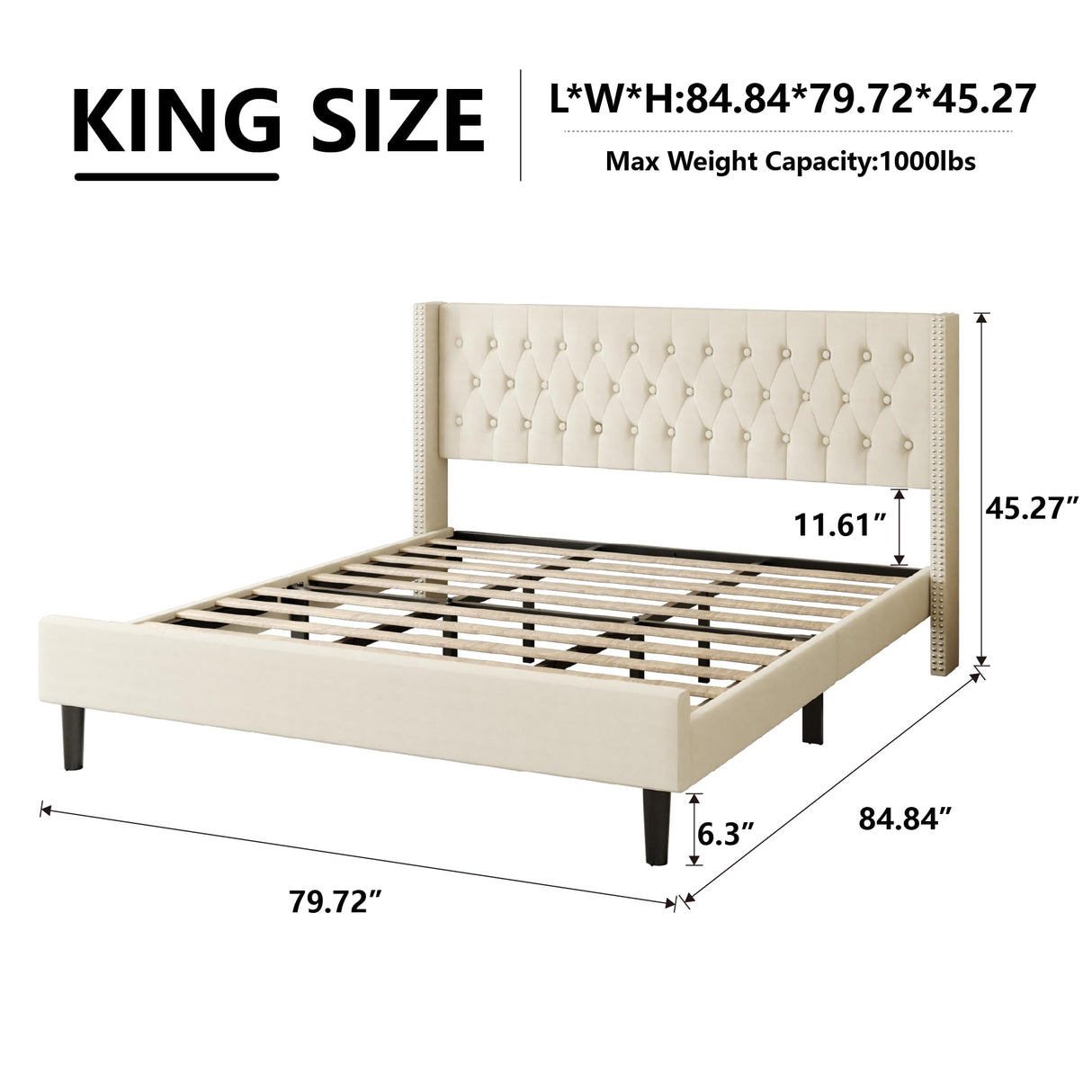 King Size Bed Frame, Upholstered Platform Bed with Wingback Headboard, Velvet Button Tufted, Easy Assembly, No Box Spring Needed, Beige HAOARA