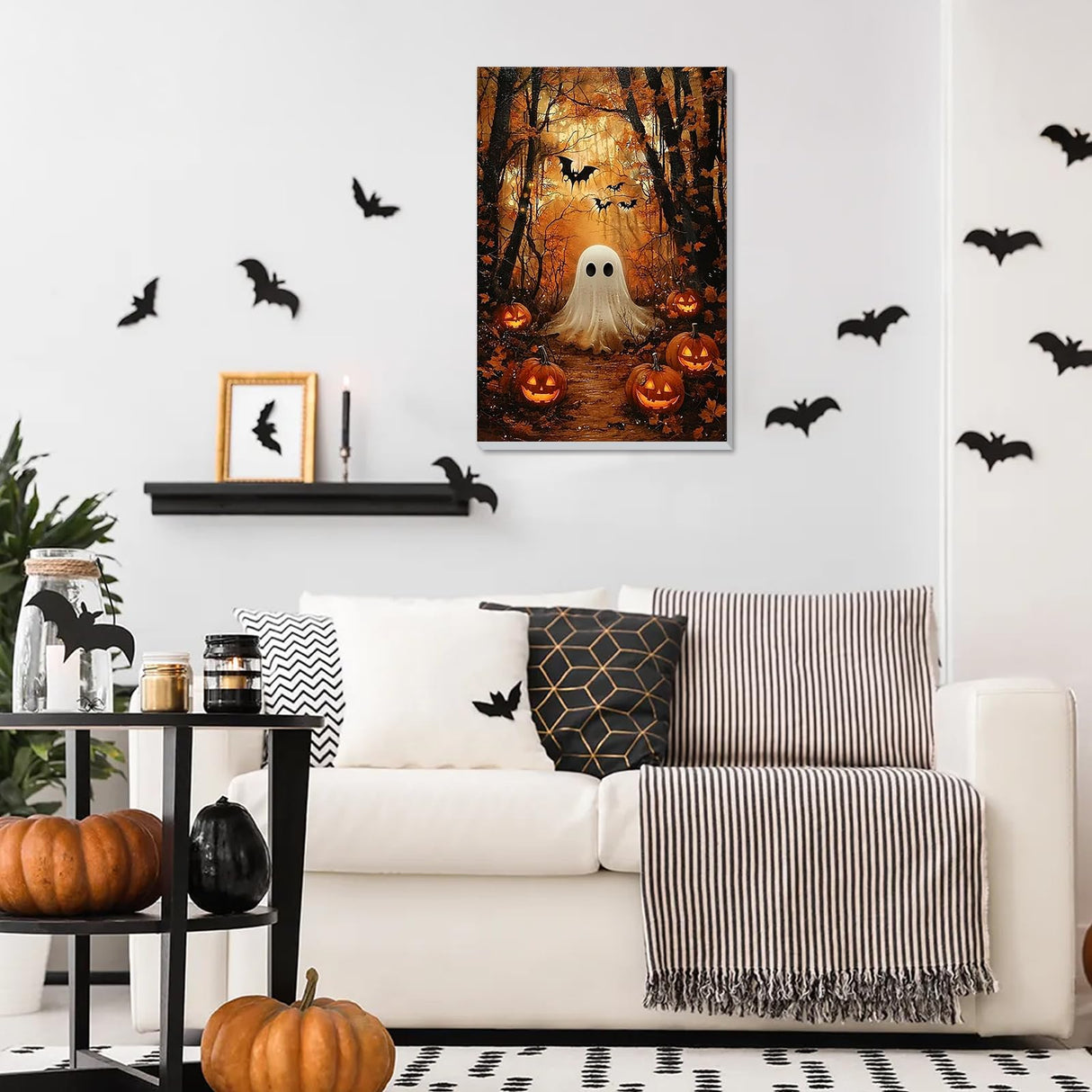 DOMROM Framed Paint by Numbers Kit for Adults Beginners with Wooden Easel, Halloween Ghost and Pumpkin Paint by Number Kit on Canvas, DIY Oil Painting Kits for Home Wall Decor Gift 8x12in DOMROM