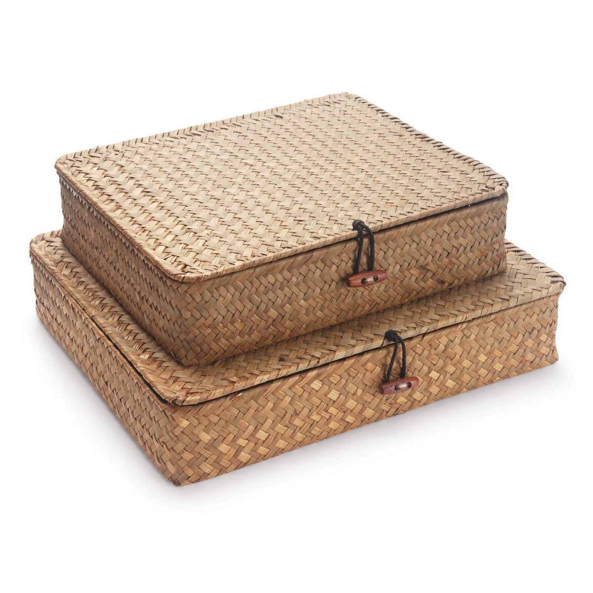 Flat Seagrass Storage Bins with Lid, Wicker Basket for Shelf Organize, Set of 2 (Small+Large) DOKOT