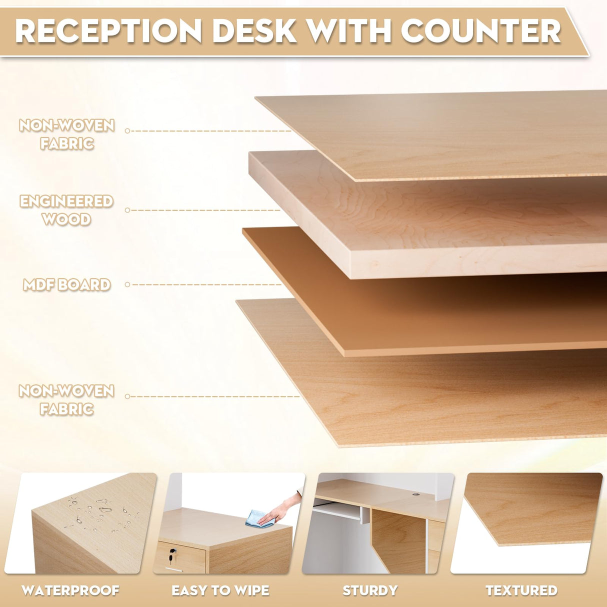 L-Shaped Modern Large Wooden Commercial Reception Desk with Counter & Shelves, Front Reception Desk Counter Table with Storage, Drawers for Offices,Home (Oak+White, Right- 71''L x 34''W x 41''H) Drexo
