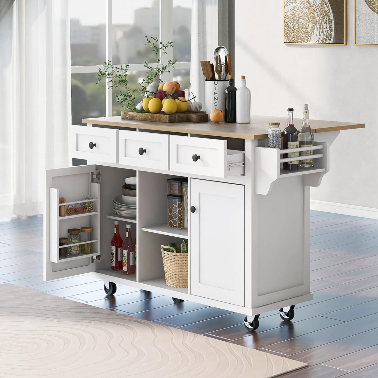 Kitchen Cart with Rubber Wood Drop, Leaf Countertop, Kitchen Island on 5 Wheels with Storage Cabinet and 3 Drawers for Dinning Room (White-53.1IN) WoodArtSupply