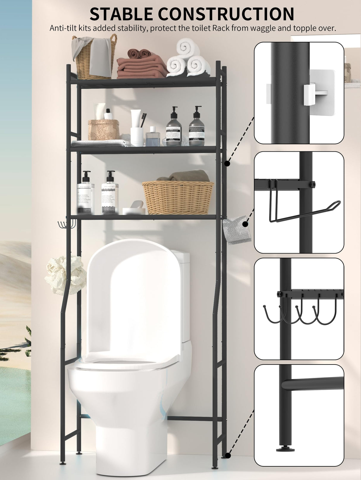 GloTika 3-Tier Over The Toilet Storage, Space Saver Metal Bathroom Shelves, Freestanding Above Over Toilet Storage Shelf with 4 Hooks for Bathroom, Black GloTika