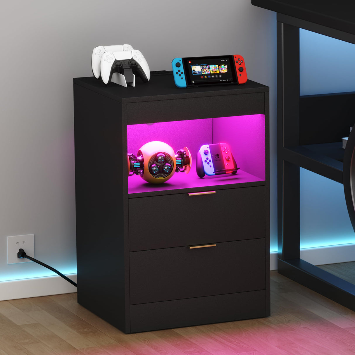 Yusong Night Stand with Gun Drawer & Invisible Lock, Bedside Table, LED Nightstand with Charging Station, Modern Night Stand, Wood Sofa Couch End Side Table with 2 Pull-Out Shelf, Black Yusong