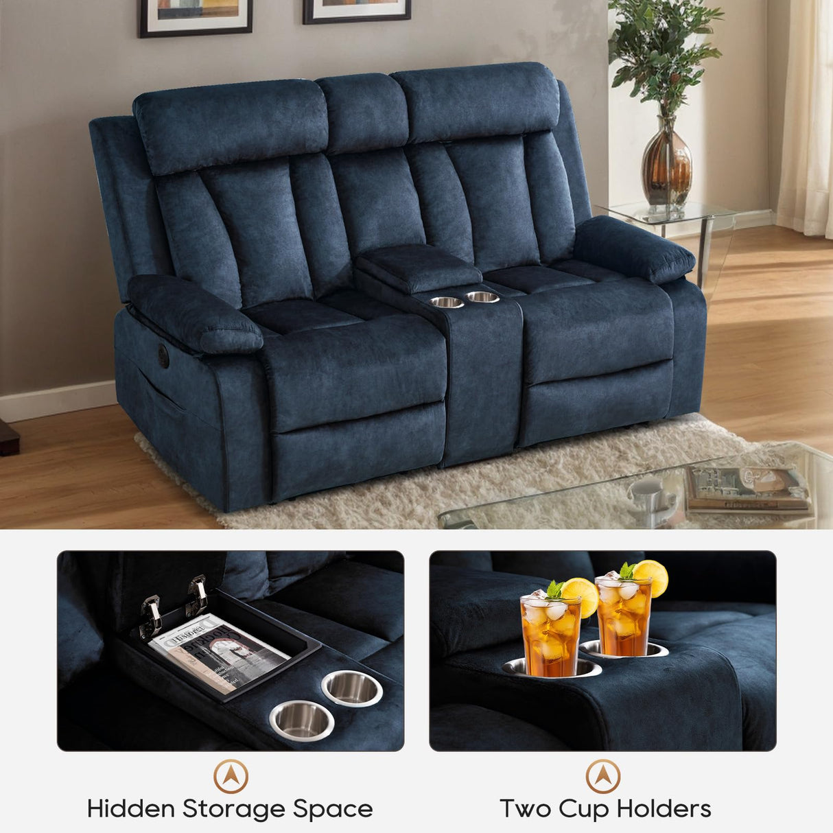 Consofa Power Reclining Loveseat with Console, Power Loveseat Recliner Sofa with Heat and Massage, Wall Hugger Loveseat Recliner with Dual Ports, Cup Holders for Living Room, RV Sofa (Blue, Loveseat) Consofa