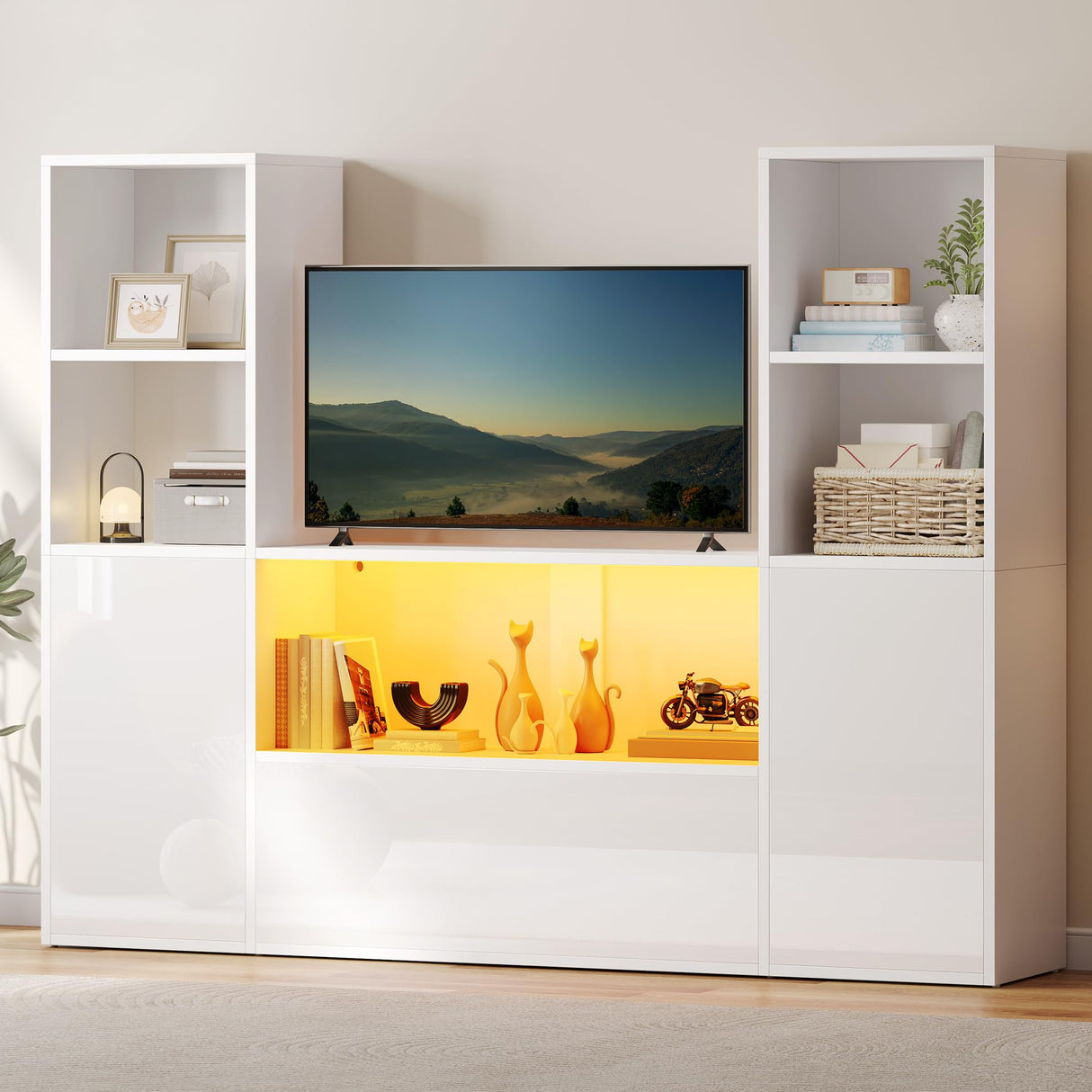 YITAHOME Castle Bookcase with Storage & Adjustable LED Lights, U-Shaped White Bookshelf with Cabinet, UV High-Gloss Display Unit, Cube Organizer for Living Room, Home Office and Bedroom YITAHOME