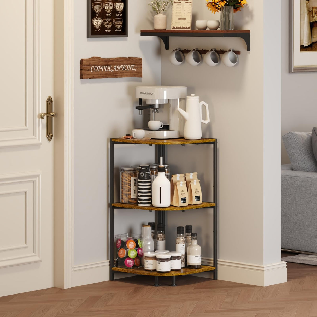 keomaisyto Coffee Bar Cabinet, 3-Tier Corner Coffee Stand with Storage Shelf & 16.34" Countertop, Rustic Wood Coffee Bar Station with Adjustable Feet for Kitchen/Entrance/Living Room/Dining Room keomaisyto
