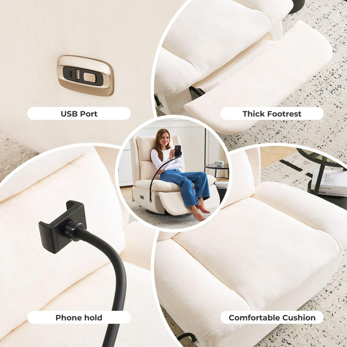 Oversized Power Recliner Chair for Adults,270°Swivel Rocker Recliner with USB Port,Electric Glider Recliner Chair with Storage,Nursery Rocking Chair with Phone Holder,Beige Rhevoy