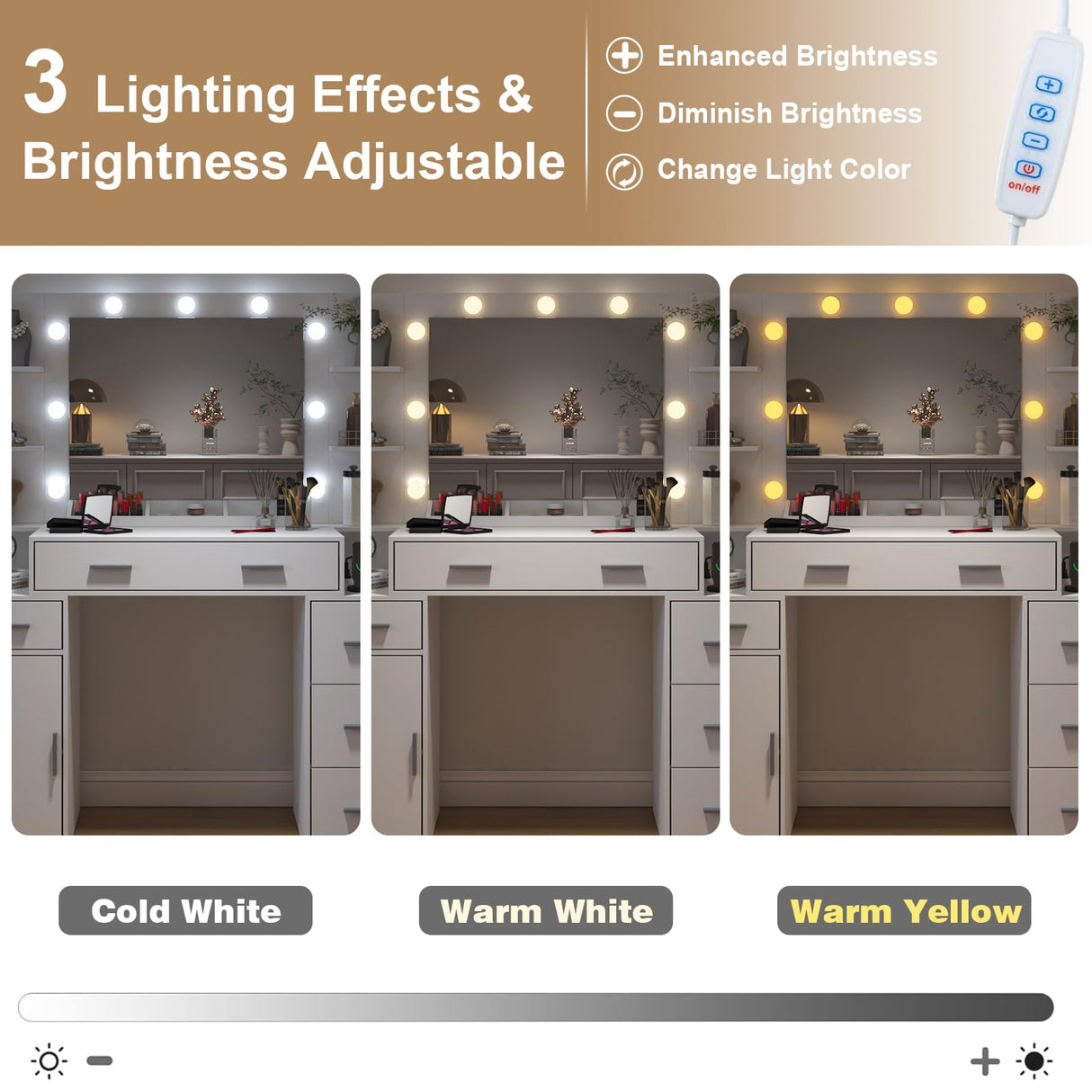 Vanity Desk with Lights and Power Strip, Makeup Vanity Table Lots Storage with 5 Drawers & 1 Cabinet, 3 Light Colors with Adjustable Brightness, Large Vanity 47.3'' (W) Anrigeail