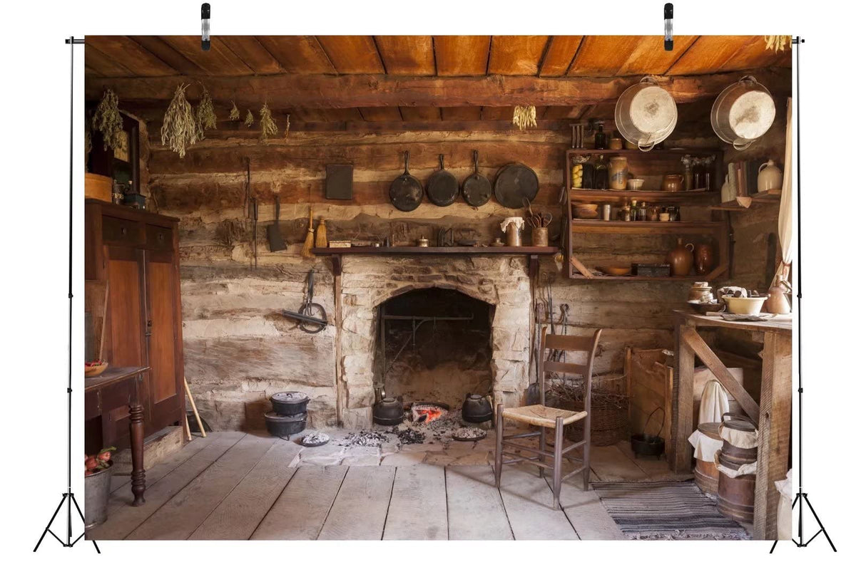 BELECO Rustic Kitchen Backdrop 9x6ft Fabric Western Old Wooden House Kitchen Interior Background Rural Farmhouse Fireplace Cooking Utensils Cooking Background Farmers Cowboys Portrait Photo Props BELECO