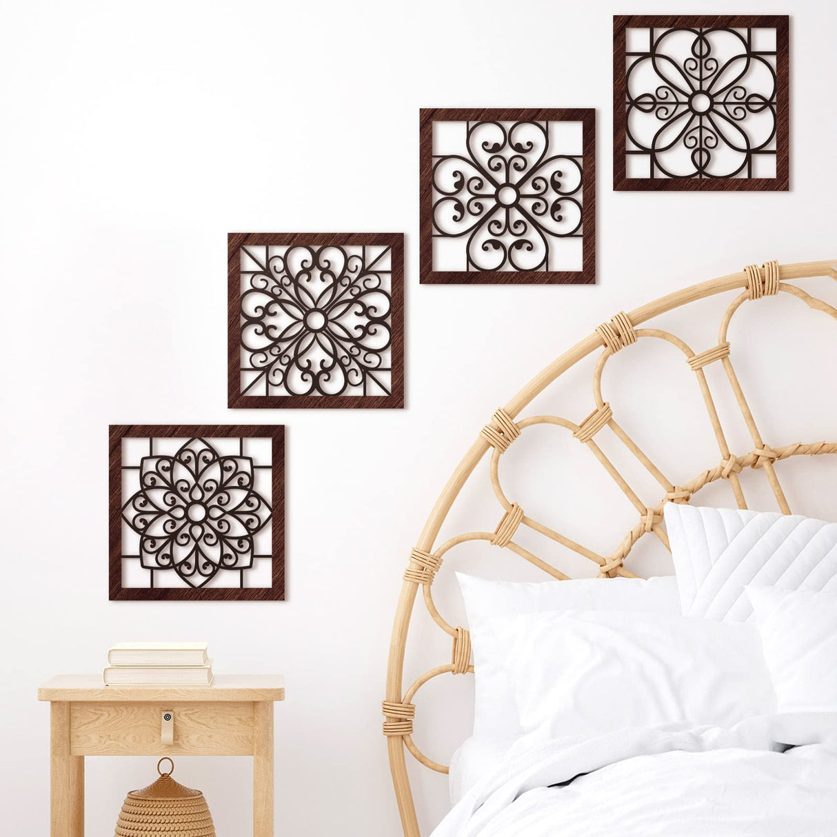 Yulejo 4 Pieces Thicken Rustic Wall Decor Farmhouse Wall Art Decor Wooden Hollow Carved Design Rustic Wall Art for Living Room Bedroom Hallway Decor Office Kitchen Wall Decoration (Brown, Black) Yulejo