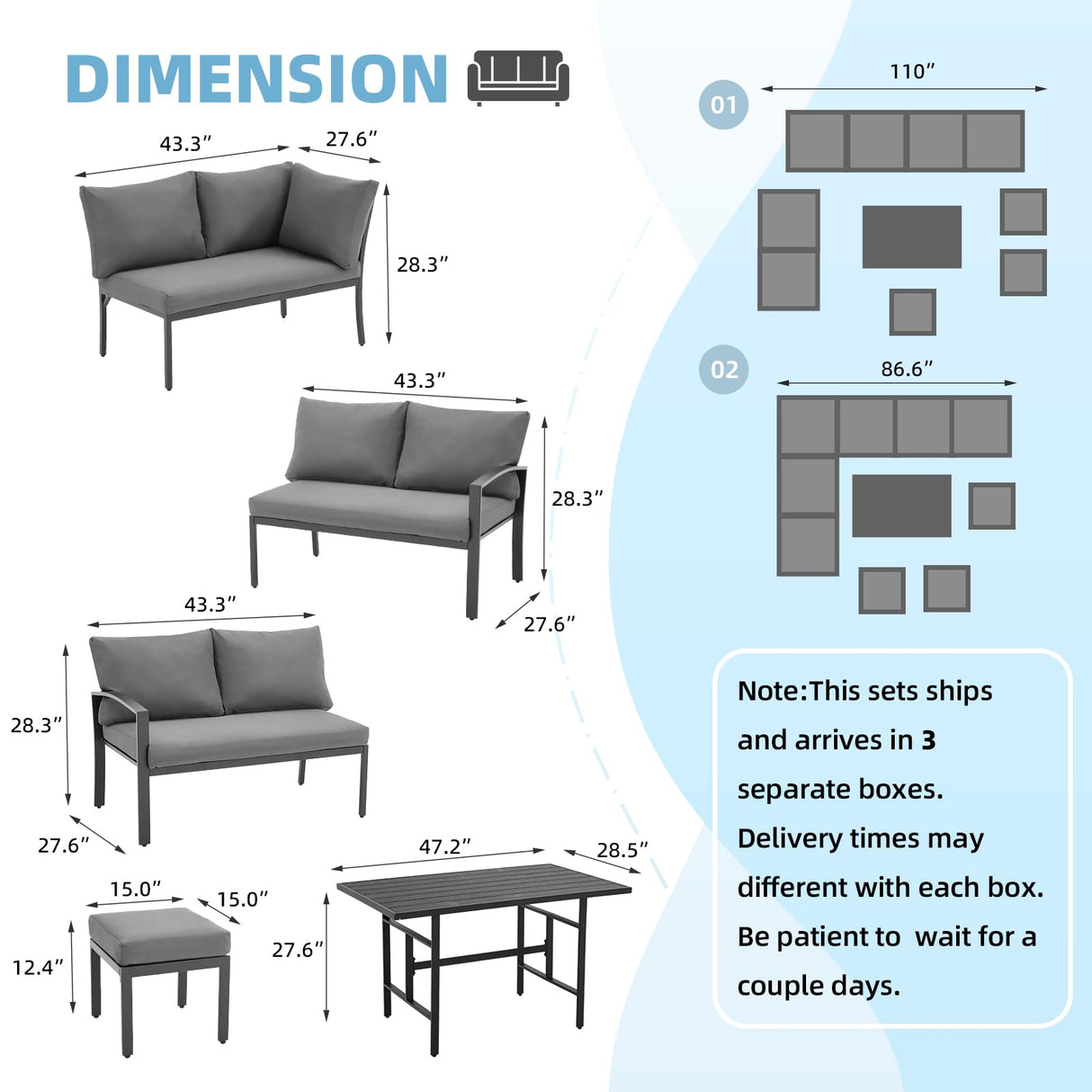 U-MAX Outdoor Patio Furniture Set, 7 Pieces Modern Metal Patio Furniture Set with Waterproof, Outdoor Dining Sofa Set with Table&Chair, Gray Cushions for Balcony, Porch, Lawn, Gray U-MAX