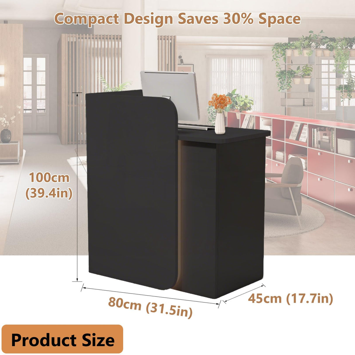HEOTJUUQ Modern Reception Desk with Curved Privacy Panel & LED Light Strip, Lockable Drawers, 6 Color Options Front Counter Desk, Retail Checkout Counter for Salon, Office, Boutique(Black) HEOTJUUQ