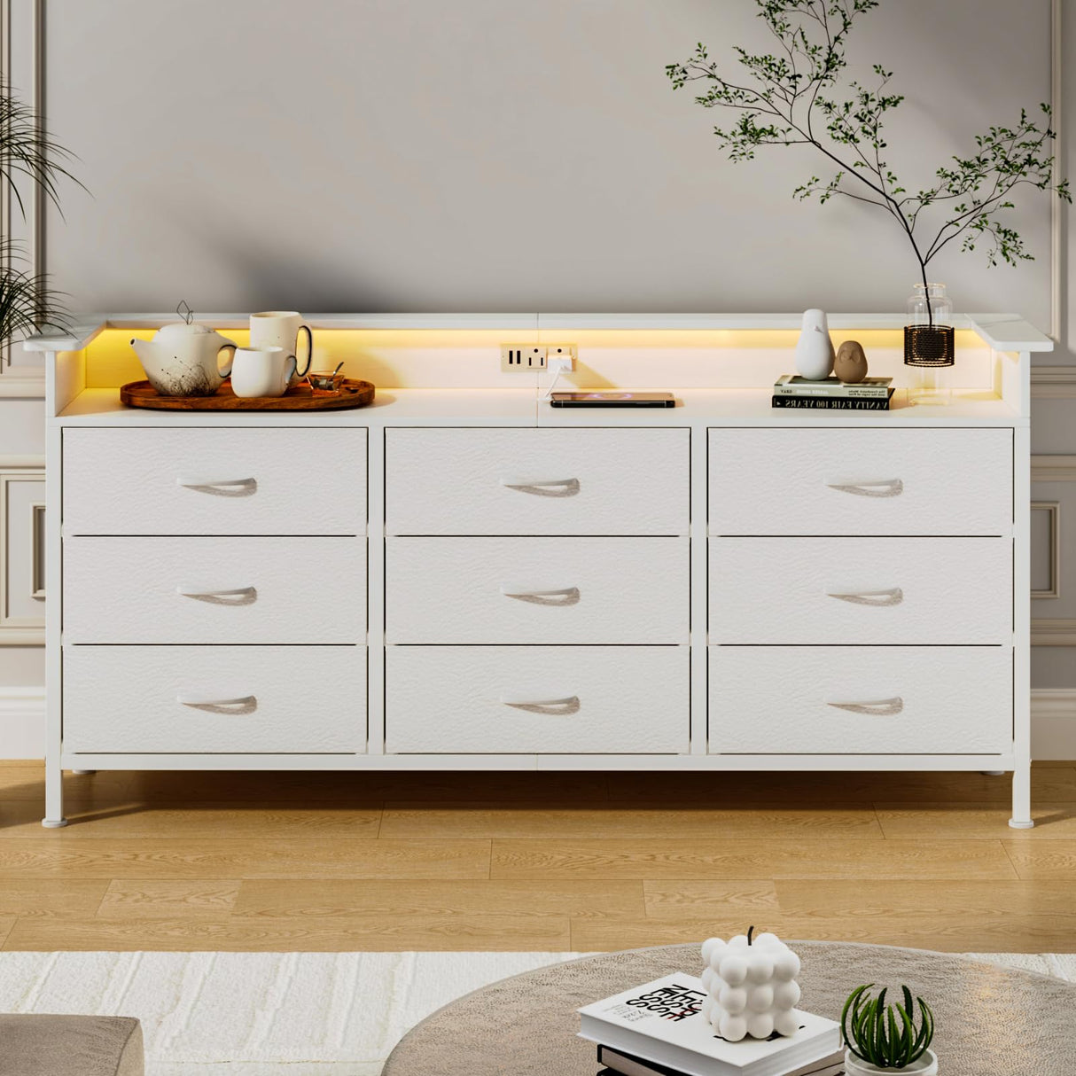 WODRAWER White Dresser for Bedroom with 9 Drawers, Long Dresser TV Stand with LED Lights & Charging Station, Fabric Chests of Drawers for Closet Entryway Living Room WODRAWER