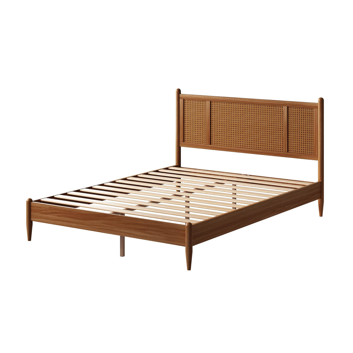 MUSEHOMEINC Wooden Full Size Bed Frame with Natural Rattan Headboard Bohemian Mid Century Modern Style Solid Wood Slat Support Full Platform Bed No Box Spring Needed - Easy Assembly (Full) MUSEHOMEINC
