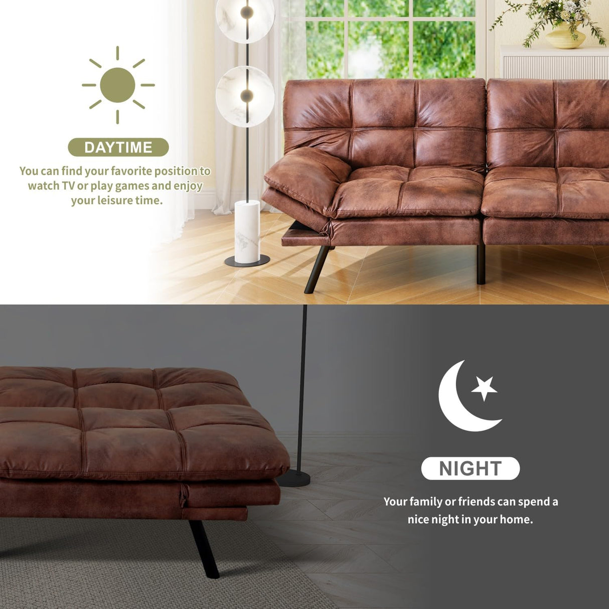 Vipbear 71" Futon Sofa Bed - Convertible Sofa Beds/Adjustable Backrest & Armrest, Comfy Loveseat Sleeper for Small Spaces, Apartments & Offices,Faux Leather Brown Futons Vipbear