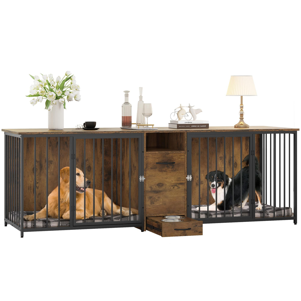DWVO 95in Double Dog Crate Furniture with Feeder Bowls, Wooden Large Dog Kennel with Storage Drawer, Indoor Dog Kennel TV Cabinet for 2 Large/Medium Dogs, Brown DWVO