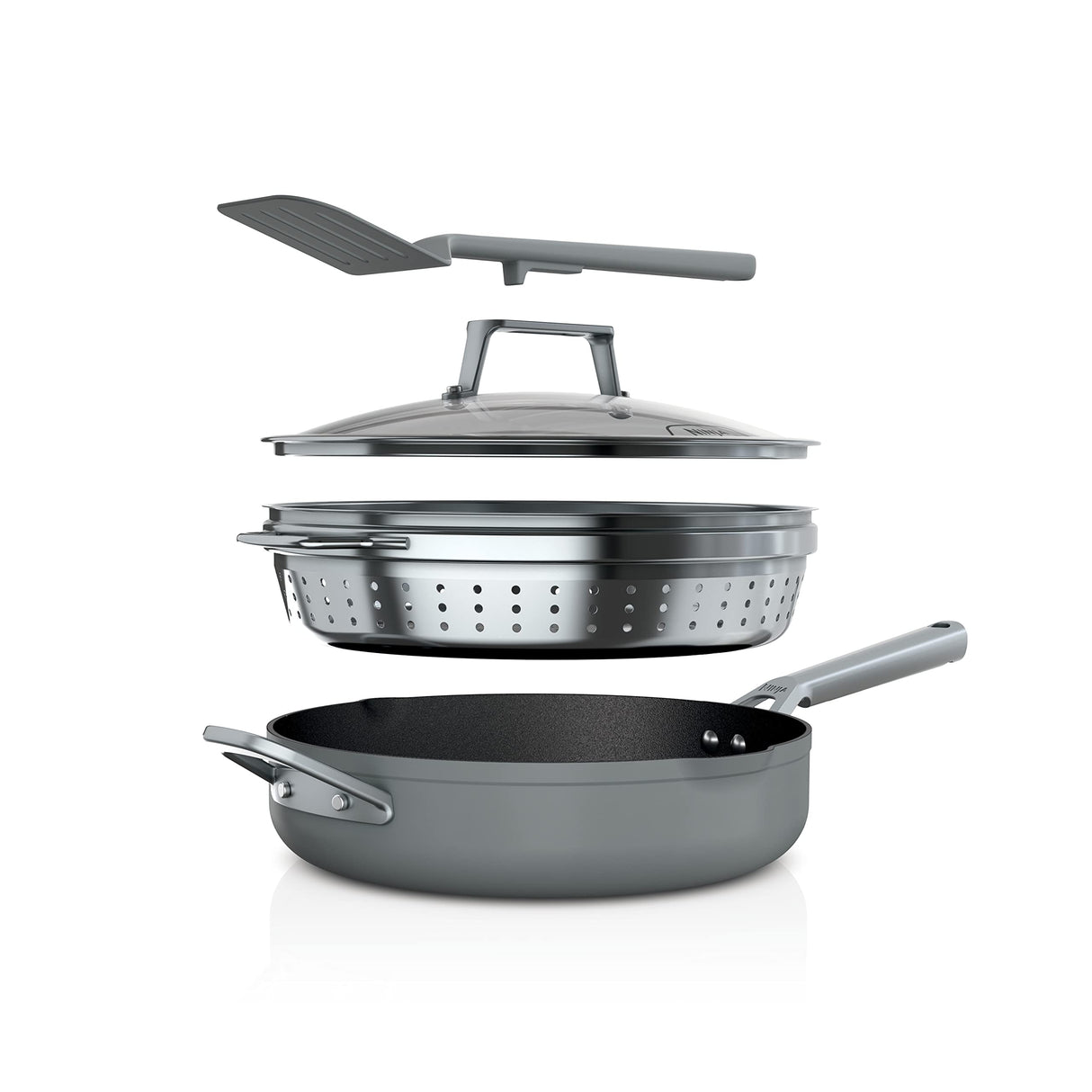 Ninja Foodi NeverStick 4 Quart Pan with Lid, Strainer, & Spatula, Oven Safe, Sea Salt Grey Ninja
