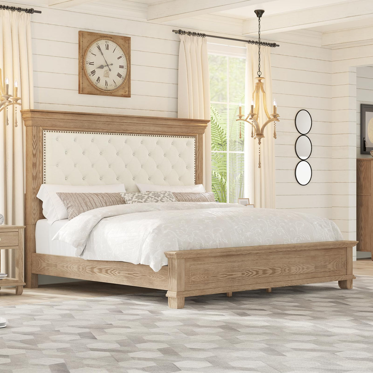 YUMPIE Rustic Solid Wood King Bed Frame with 68" Tall Headboard, Chenille Upholstered Farmhouse Panel Platform Bed Mattress Frame, Button Tufted/Antique Brass Nail Trim/No Box Spring Needed, Milk Ash YUMPIE