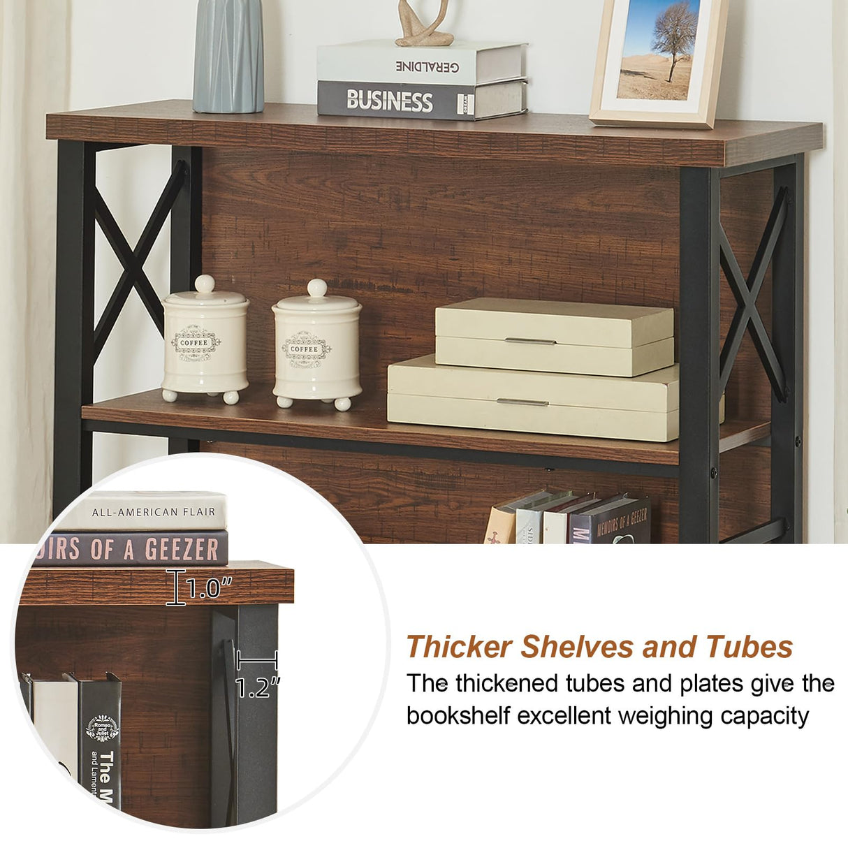 HOMBAZAAR Book Shelf,3 Tier Small Bookshelf with Metal Frame and Backboard,Rustic Brown Deep Bookcase with Engineered Wood Shelves,Short Shelf Bookcase for Living Room,Bedroom and Office HOMBAZAAR