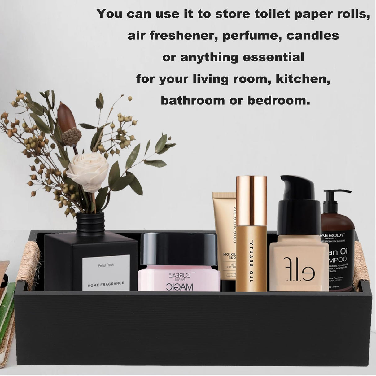 Bathroom Decor Box Toilet Paper Holder Wood Toilet Tank Basket,Toilet Tank Tray for Storage,DIY Kitchen Utensil Holder Box,Farmhouse Rustic Home Decor-Black HXGONYI