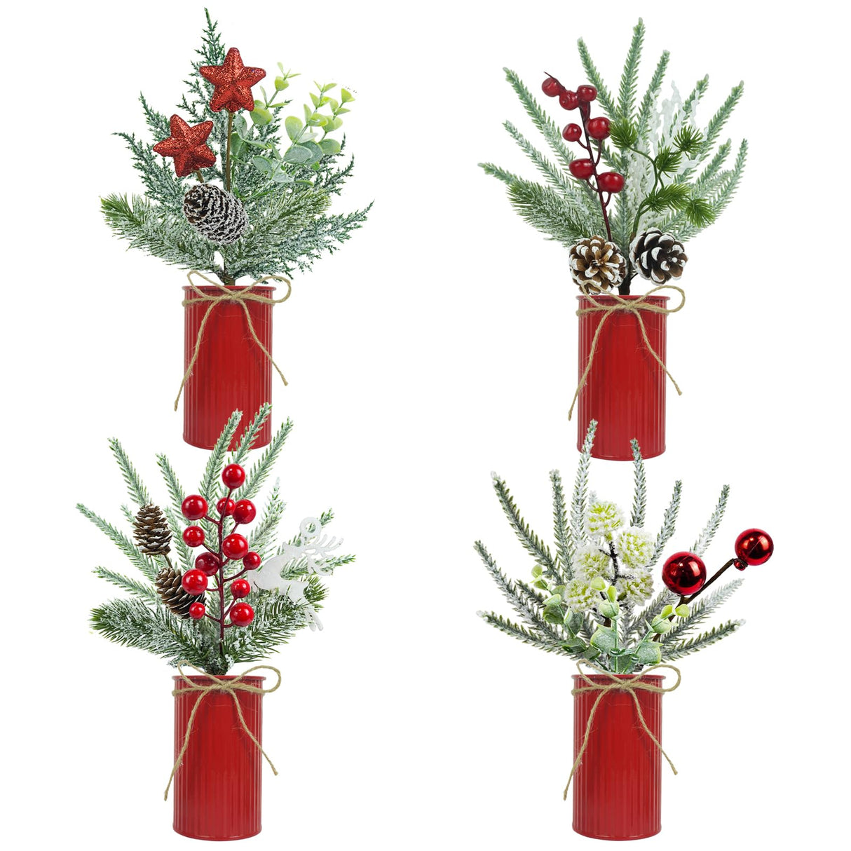 Succwoah 4 Pcs Christmas Centerpiece Table Decorations Artificial Potted Plants Floral Arrangement with Red Berries Pinecones Stars Balls for Home Desktop Farmhouse Party Decor Succwoah