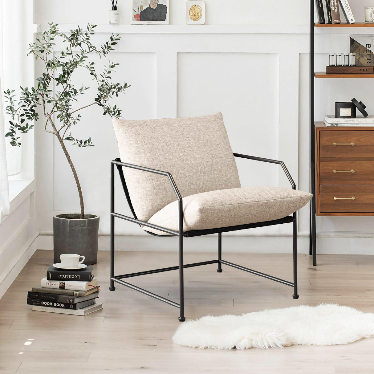 Accent Chair Living Room Chairs Accent Chairs Set of 2 Comfy Reading Chair for Bedroom Upholstered Lounge Chair Mid Century Modern Arm Chair Side Sofa Chair Armchair Waiting Room Chairs(Cream, 2) YEEFY