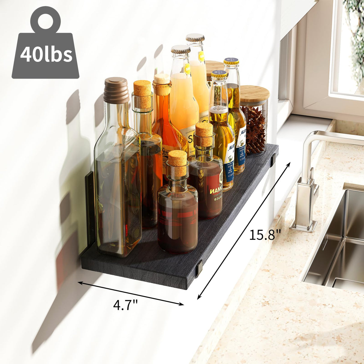 Fixwal Floating Shelves Set of 5, Width 4.7 Inches Black Wall Shelves, Rustic Wood Wall Storage Shelves for Bedroom, Living Room, Kitchen, Bathroom, Home Decor, Laundry Room, Office and Plants (Black) Fixwal