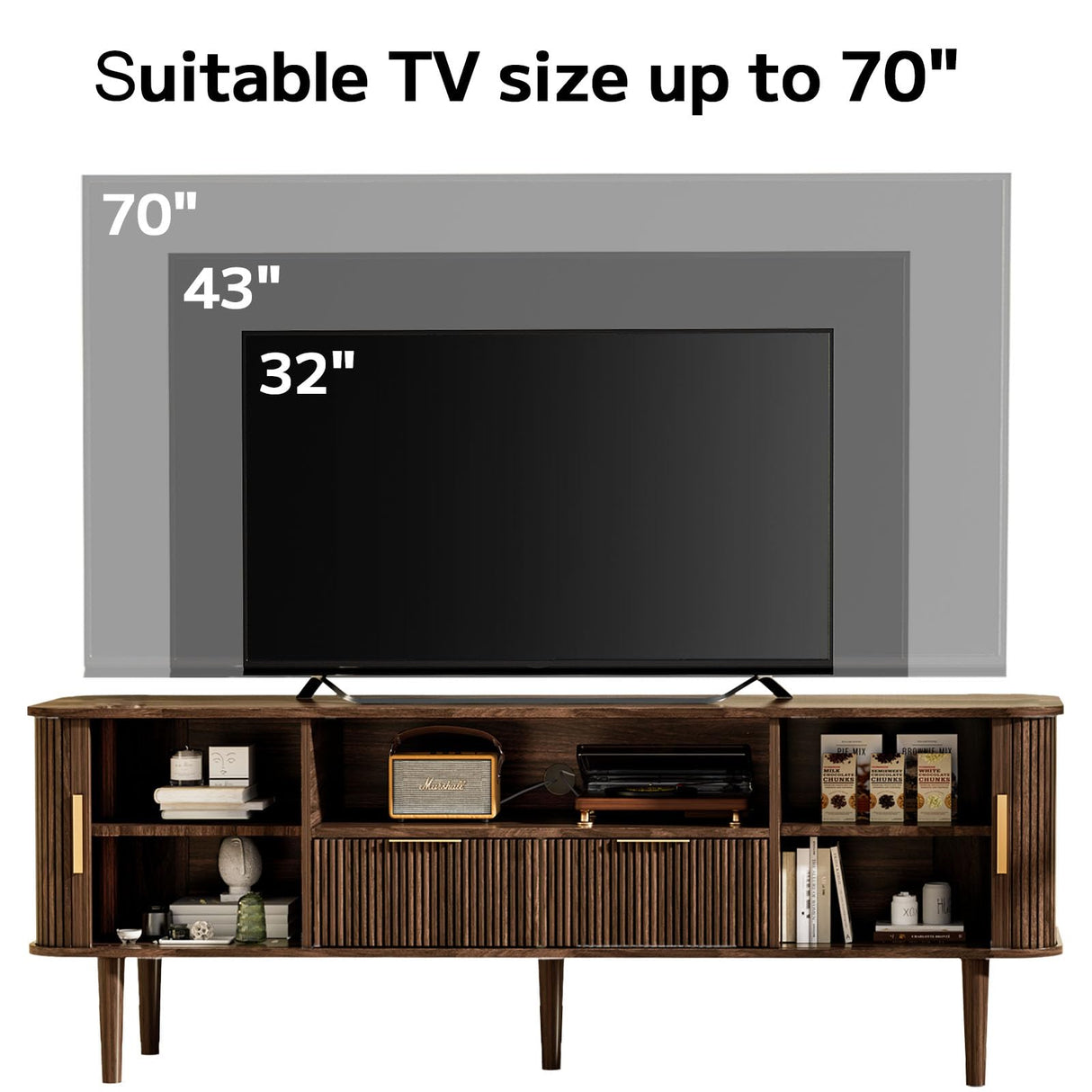 DAMCROP TV Stand 62.4 Inch Mid Century Modern Media Console Table with Drawer Shelves Sliding Tambour Door Farmhouse Sideboard Buffet Cabinet Fits TVs up to 75 inch Fluted Wood Entertainment Center DAMCROP