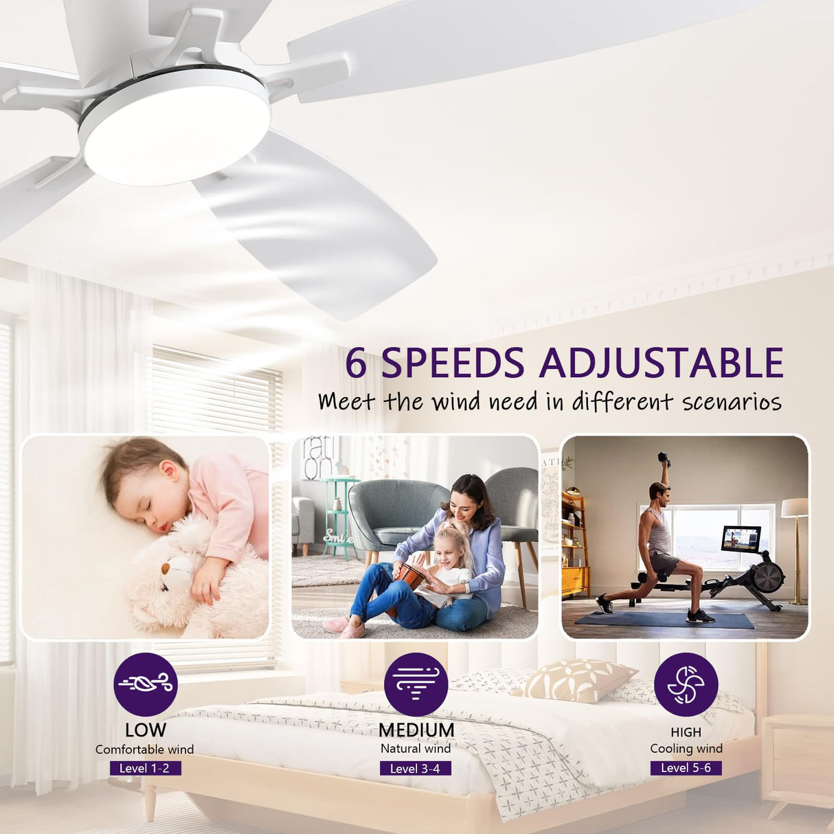 52inch Flush Mount Ceiling Fans with Lights and Remote/APP Control, Dimmable LED, Reversible DC Motor, Noiseless, Low Profile White Ceiling Fan for Livingroom, Indoor/Outdoor Use FUMLTP