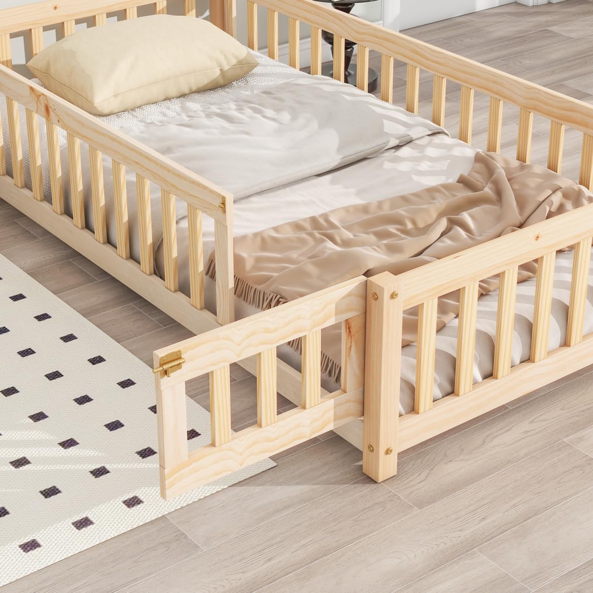 TURRIDU Twin Size Montessori House-Shaped Floor Bed with Fence & Door in Natural Wood TURRIDU