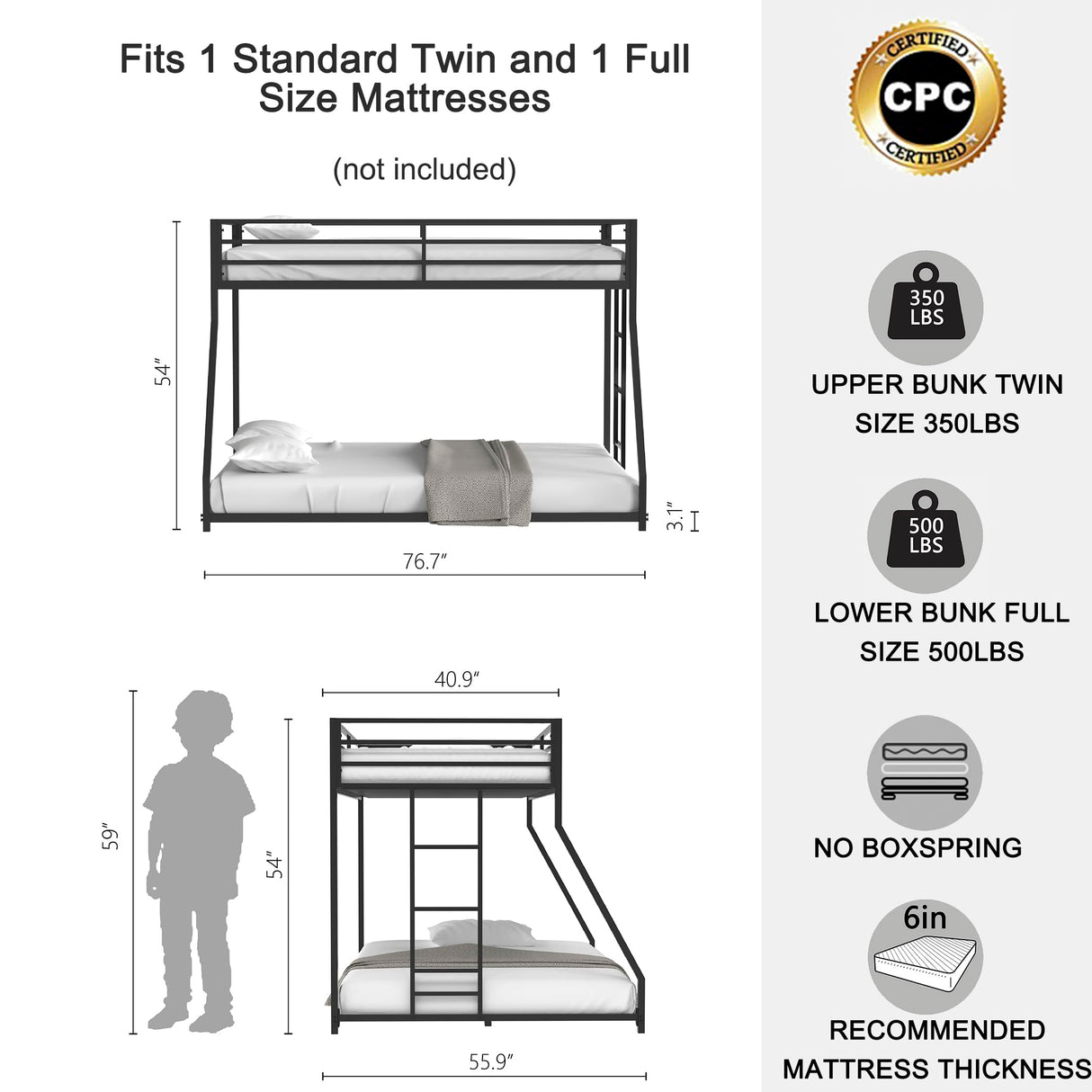 EMKK Twin Over Full Bunk Bed for Adults, Metal Bunk Beds Twin Over Full Size for Teens Dorm Bedroom Guest Room,Heavy Duty Bunk Beds with Ladder and Safety Full Length Guardrail (Black A) EMKK