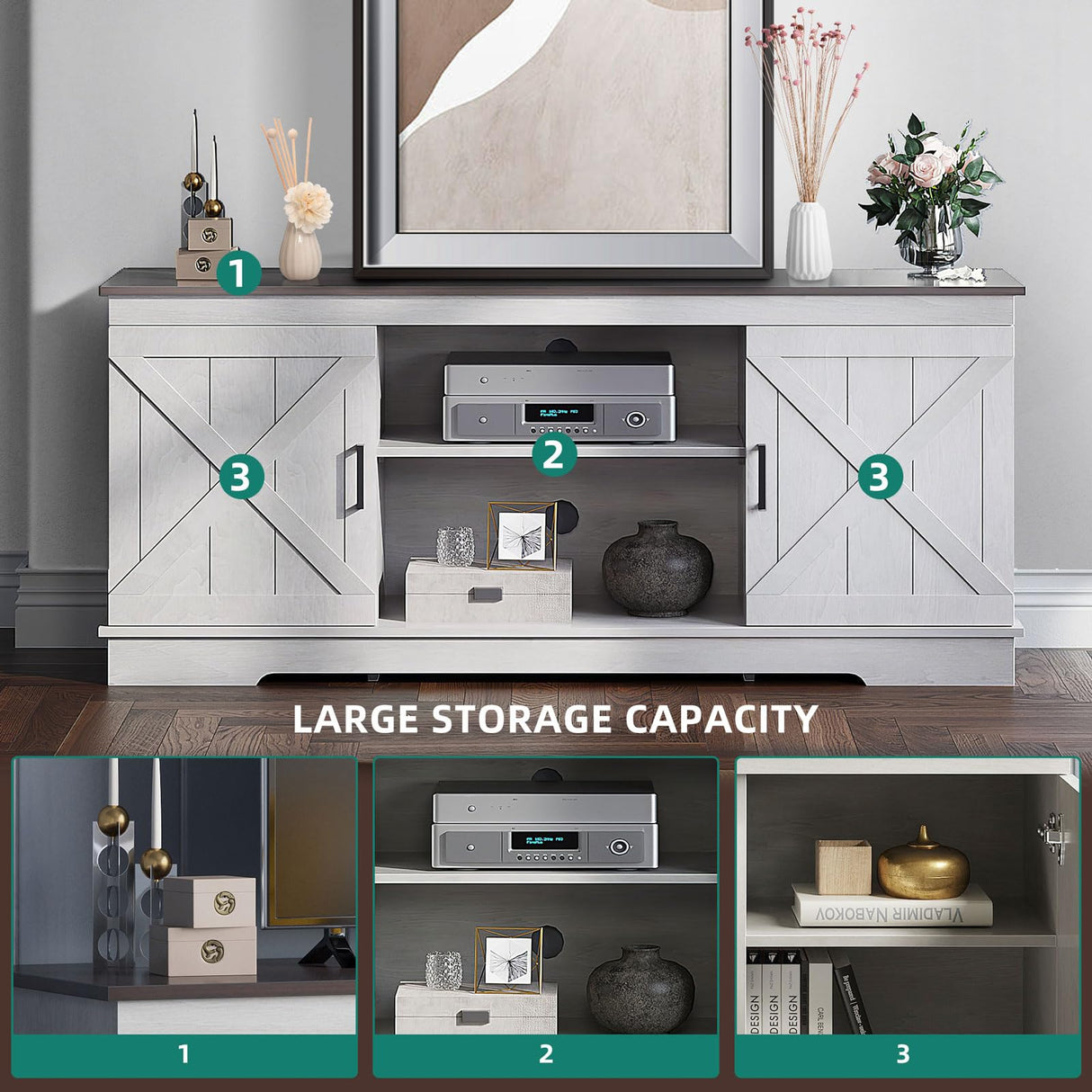 YITAHOME TV Stands for TV up to 65 Inch, Farmhouse Entertainment Center with Double Barn Doors & Storage Cabinets, Rustic TV Cabinet Media Console Table for Living Room, 59 Inches, Grey White/Espresso YITAHOME