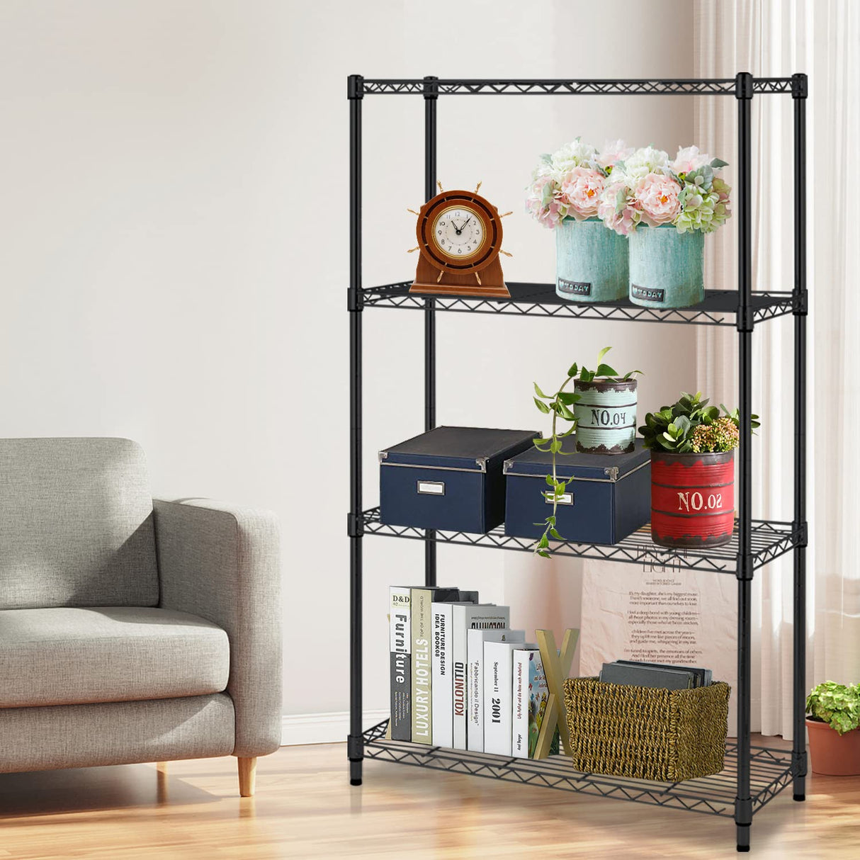 NChanmar 4 Tier Wire Shelving Unit Storage Shelves Shelf Organizer 54"x36"x14" Heavy Duty Metal Storage Rack Wire Rack NSF Height Adjustable for Laundry Bathroom Kitchen Garage Shelving (Black) NChanmar