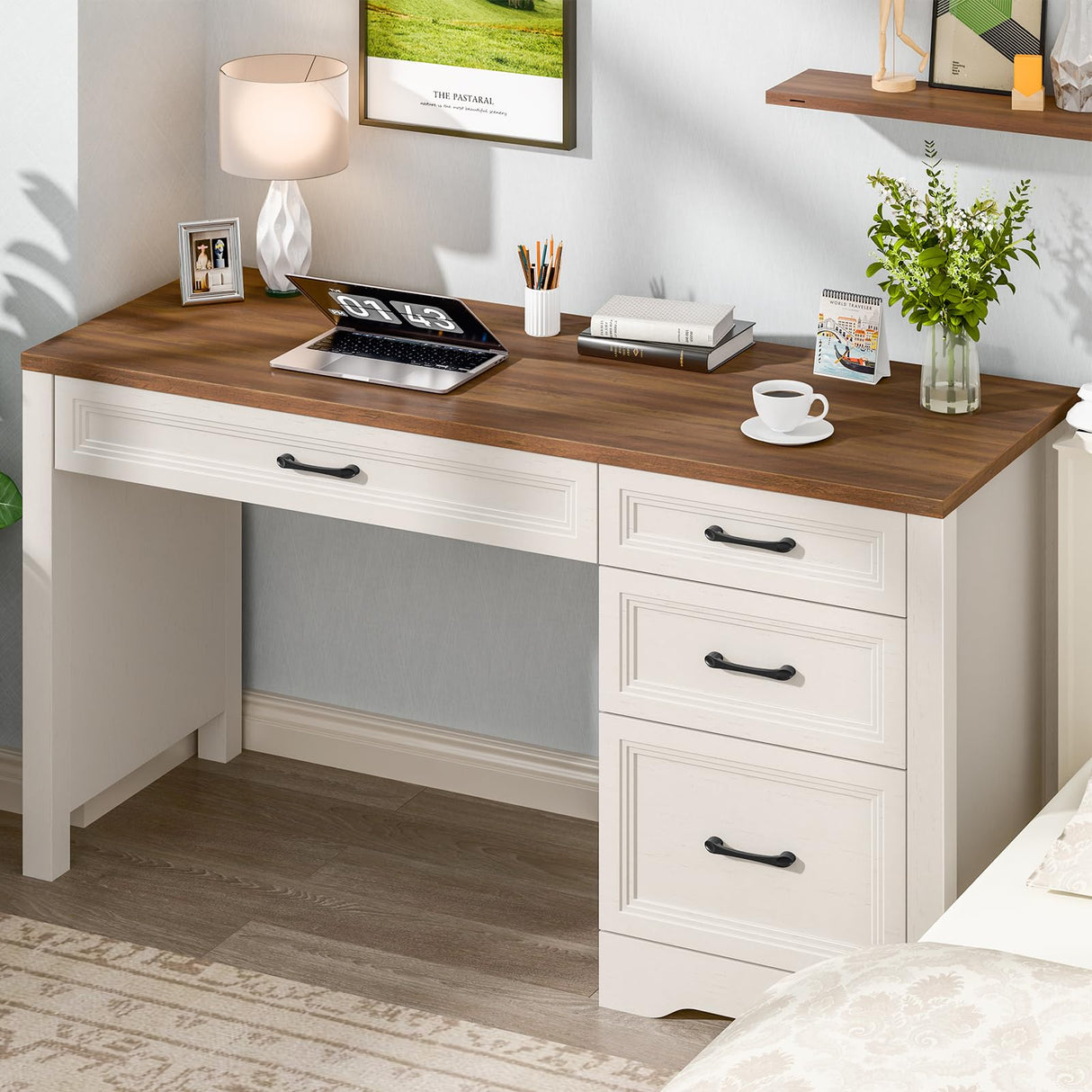 Vabches Farmhouse Executive Desk with Storage and Ample File Drawer, Rustic Large Home Writing Desk for Bedroom, White Vabches