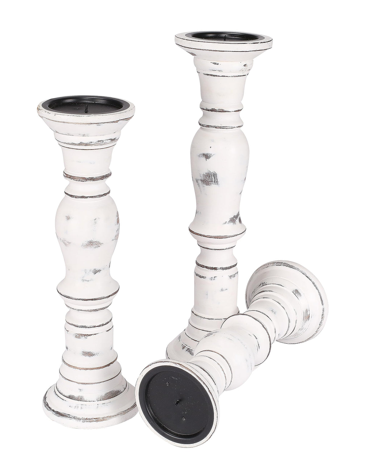 Candle Stands Wooden for Pillar Candles,Rounded Turned Colums, Sustainable Woods, Country Style, Idle for Reiki, Aromatherapy, Votive Candle Garden Home décor - 16,14,12 Inch Set of 3 - White Antique The Wooden Town