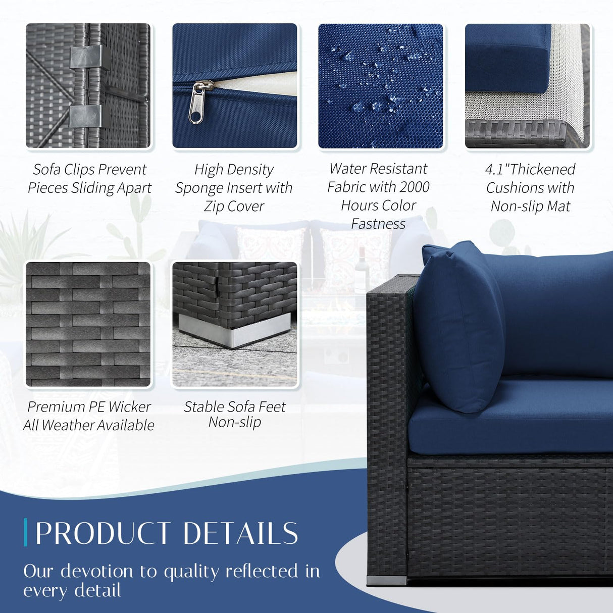 NICESOUL® 13 Pcs Luxury Large Patio Furniture Set with Natural Gas/Propane Fire Pit Table, 29.3" High Back Outdoor Conversation Set, Deep Seating PE Wicker Sectional Sofa Navy NICESOUL