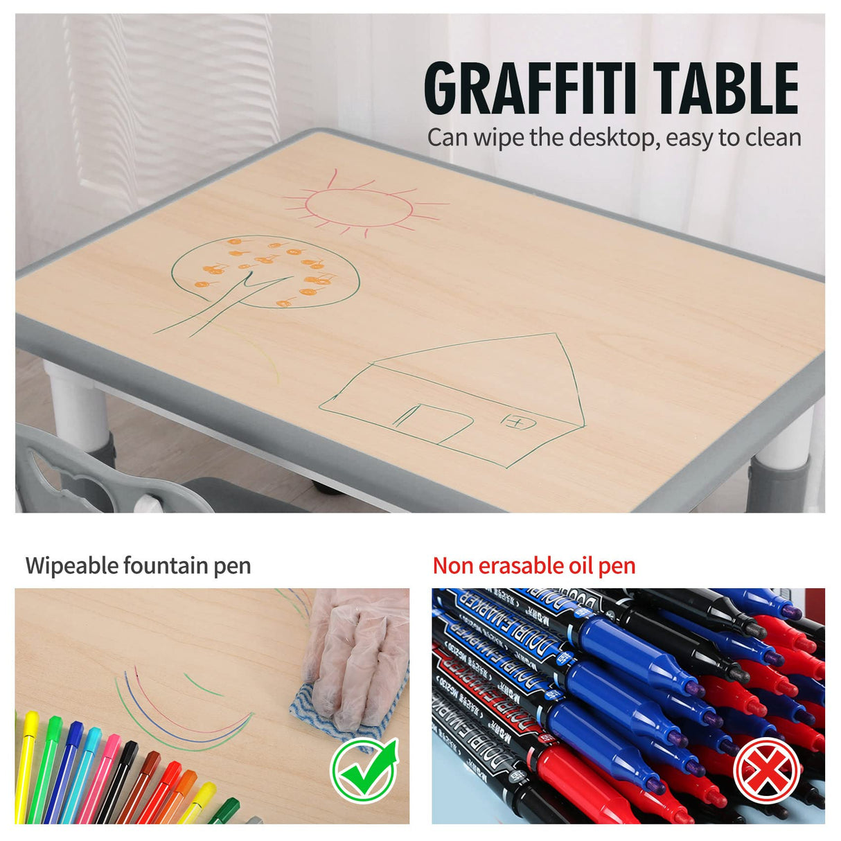 UNICOO Kids Table and Chairs Set, Height Adjustable Toddler Study Table and Chairs, Arts & Crafts Table, Suitable for Ages 2-10, Childrens Activity Table, Preschool Furniture (BY-60-MGY) UNICOO