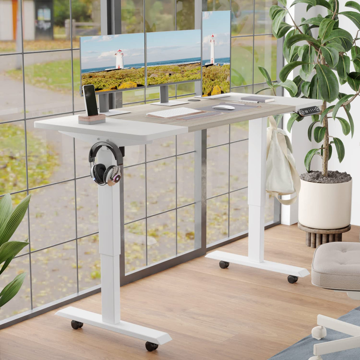 BUNOEM Height Adjustable Electric Standing Desk, 55X24 Height Stand Up Computer Desk,Sit and Stand Home Office Desk with Splice Board (White+Oak Top, White Frame) BUNOEM