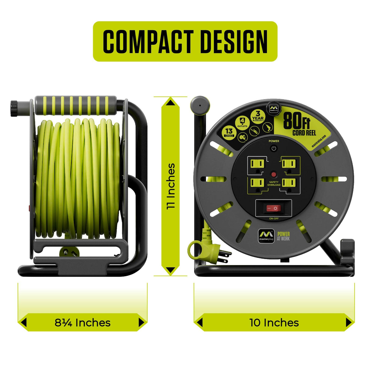 Masterplug 80ft Cord Reel, Retractable Extension Lead with Winding Handle, Safety Overload Circuit Breaker and Power Switch, 4X Grounded Outlets, 13amps, 14AWG Cable Masterplug