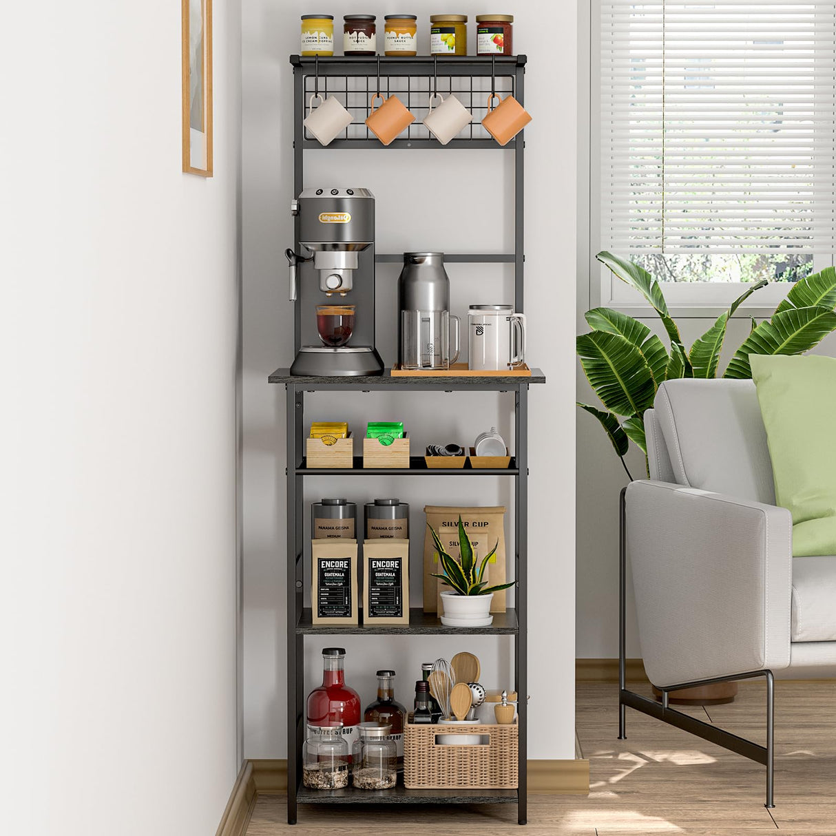 5 Tier Coffee Bar Station, Coffee Stand Station with 4 S-Shaped Hooks, Farmhouse Corner Coffee Bar for Small Spaces, Bakers Rack for Kitchen, Entryway, Living Room, 13.43"D x 18.93"W x 53.31"H,Gray DAOUTIME