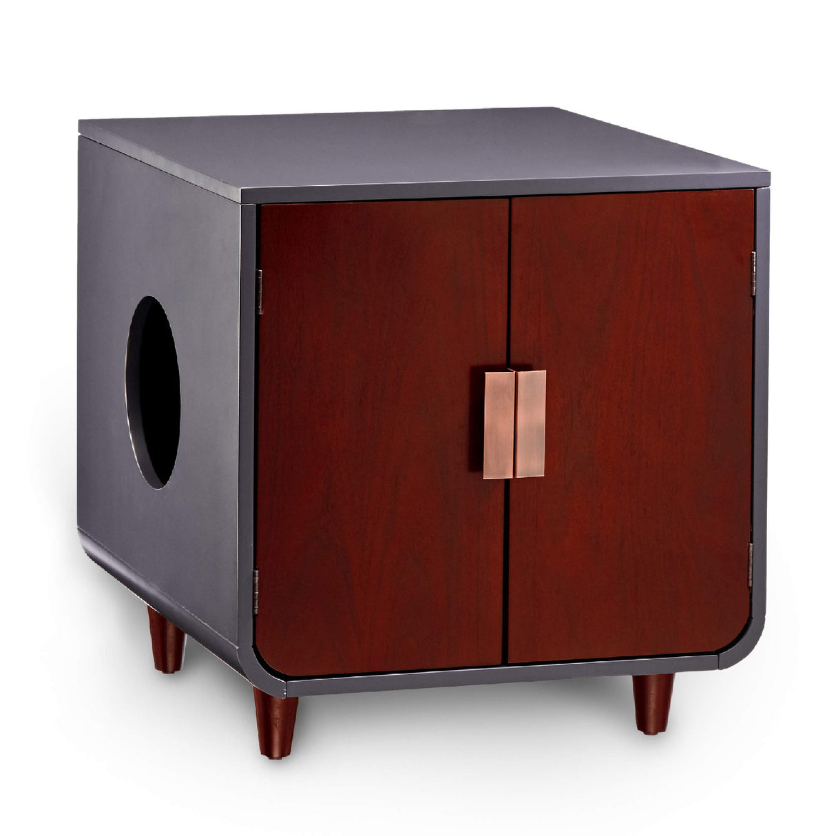 Teamson Pets Dyad Hidden Litter Box Enclosure & Mid-Century Side Table Combination with Side Entrance & Double Doors, Mocha Walnut Staart